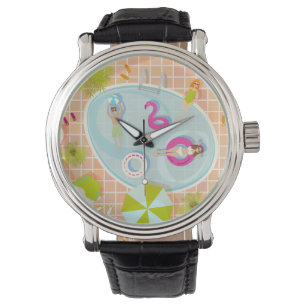 Bikinimeisjes en jongens die zwembadspel spelen horloge