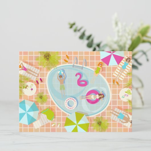 Bikinimeisjes en jongens die zwembadspel spelen kaart (Staand voorkant)