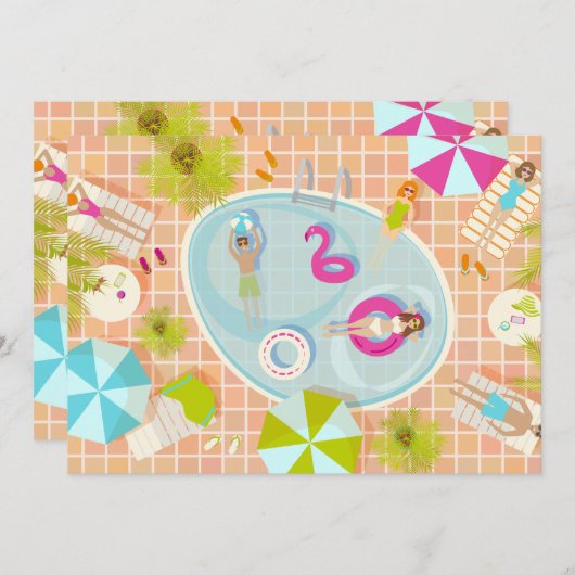 Bikinimeisjes en jongens die zwembadspel spelen kaart (Voorkant / Achterkant)