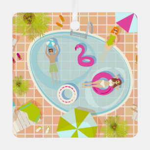 Bikinimeisjes en jongens die zwembadspel spelen metalen ornament