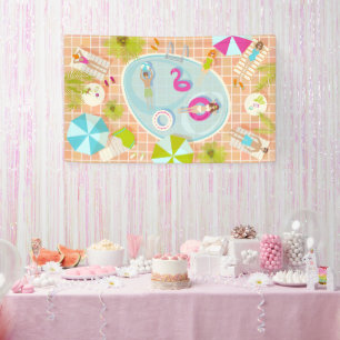 Bikinimeisjes en jongens die zwembadspel spelen spandoek