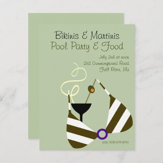 Bikinis and Martinis Pool Party Invitation Uitnodiging Briefkaart (Voorkant / Achterkant)