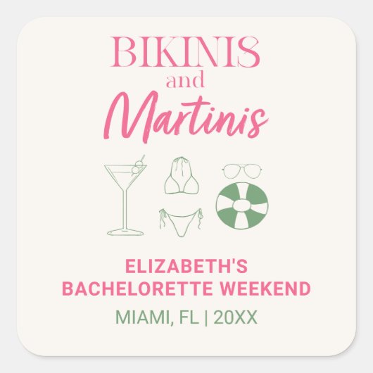 Bikinis en Martinis Bachelorette Weekend Feest Vierkante Sticker (Voorkant)
