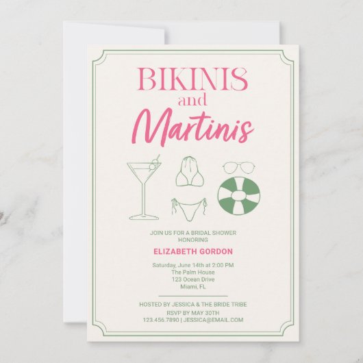 Bikinis en Martinis Bruidsfeest Roze Groen Kaart (Voorkant)