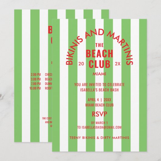 Bikini's en Martini's The Beach Club Cabana Party Kaart (Voorkant / Achterkant)