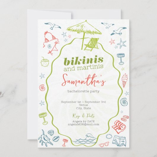 Bikinis & Martinis 2 Hand Getekende Strand Bruidsm Kaart (Voorkant)