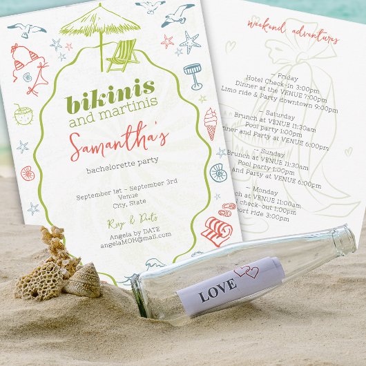 Bikinis & Martinis 2 Hand Getekende Strand Bruidsm Kaart