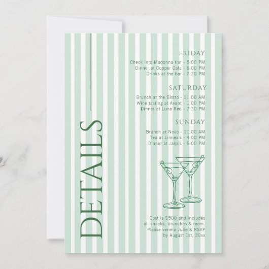 Bikini's & Martinis Green Bachelorette Weekend Kaart (Achterkant)