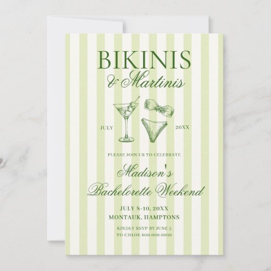 Bikini's & Martinis Green Gestreepte Bachelorette Kaart (Voorkant)