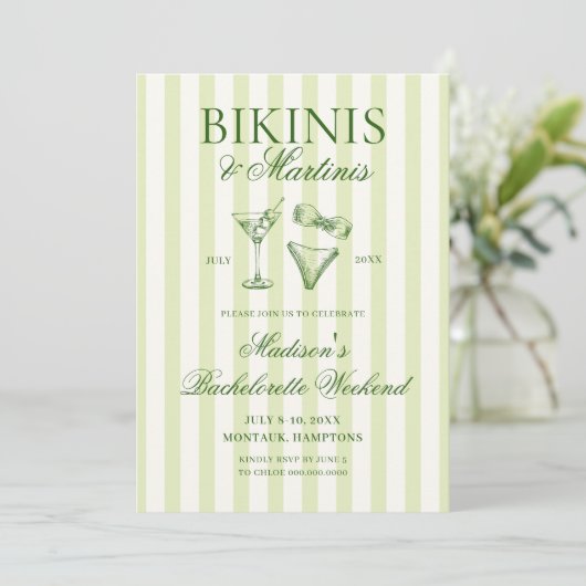 Bikini's & Martinis Green Gestreepte Bachelorette Kaart (Staand voorkant)