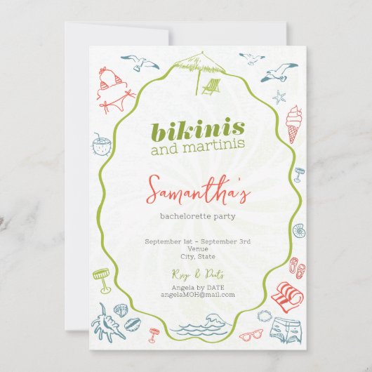 Bikinis & Martinis Hand Getekende Beach Bacheloret Kaart (Voorkant)