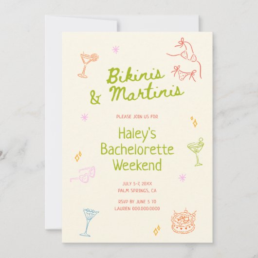 Bikini's & Martinis Hand getrokken Bachelorette Kaart (Voorkant)