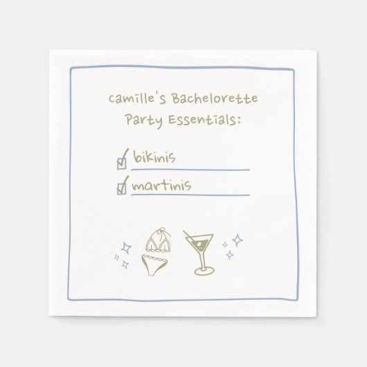 Bikini's & Martinis Handgeschreven vrijgezellenfee Servet (Voorkant)