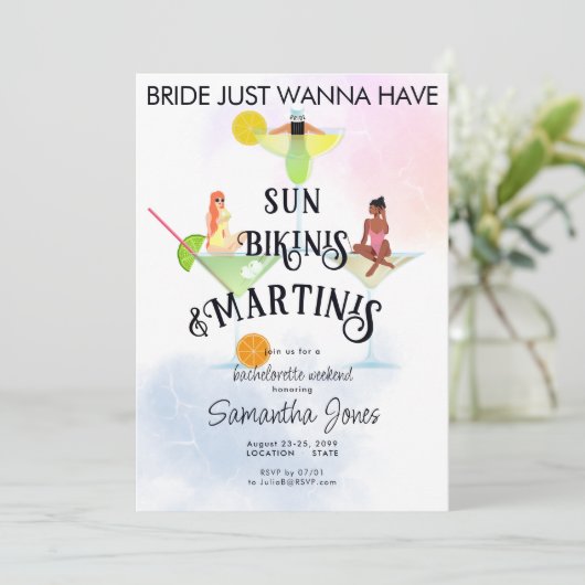 Bikini's & Martinis Tropical Beach Hen Bachelorett Kaart (Staand voorkant)