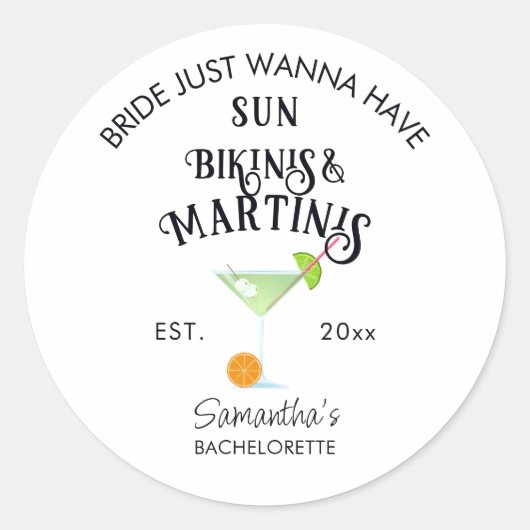 Bikinis & Martinis Tropisch Zwembad Hen Bacheloret Ronde Sticker (Voorkant)