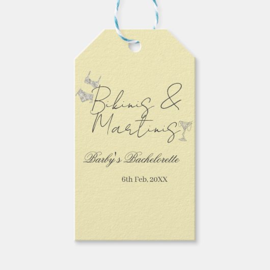 Bikins & Martinis bachelorette party yellow retro Cadeaulabel (Voorkant)