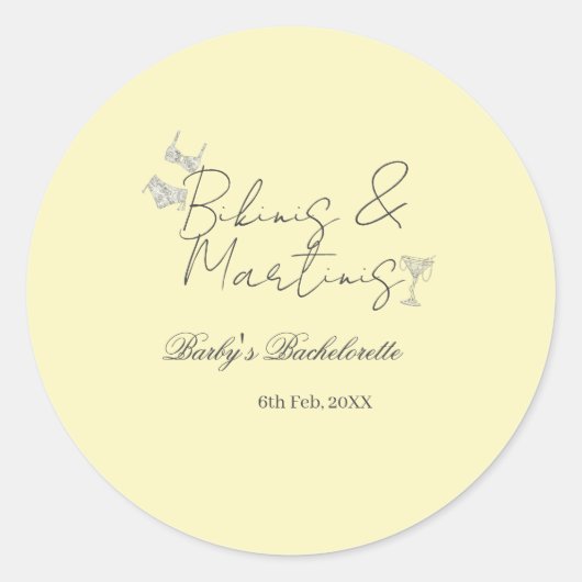 Bikins & Martinis bachelorette party yellow retro Ronde Sticker (Voorkant)