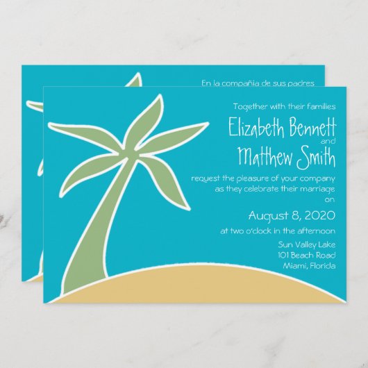 Bilingual Beach Wedding Invitation Kaart (Voorkant / Achterkant)