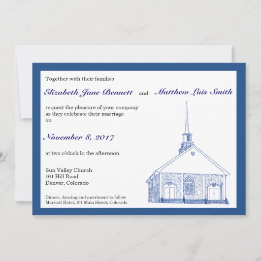 Bilingual Blue Chapel Wedding Invitation Kaart (Voorkant)