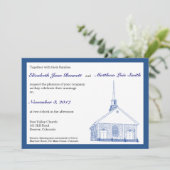 Bilingual Blue Chapel Wedding Invitation Kaart (Staand voorkant)