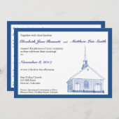 Bilingual Blue Chapel Wedding Invitation Kaart (Voorkant / Achterkant)