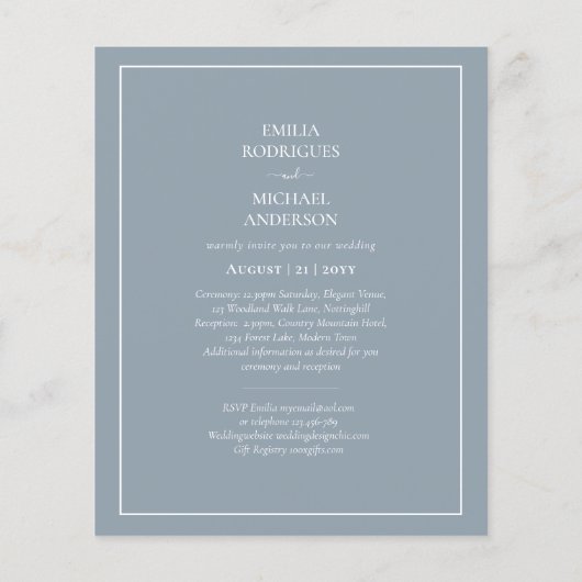 BILINGUAL Budget Stusty Blue Monochrome Wedding Flyer (Achterkant)
