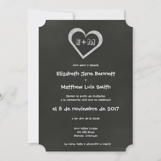 Bilingual Chalkboard Heart Wedding Invitation Kaart (Achterkant)