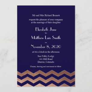 Bilingual Chic Roos Gold Chevron Wedding Invite Kaart