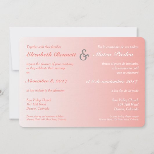 Bilingual Coral Ombre Wedding Kaart (Voorkant)