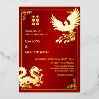 BILINGUAL Dragon And Phoenix  | Chinese Wedding Folie Uitnodiging