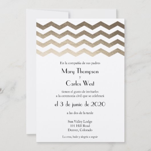 Bilingual Gold Ecru Chevron Wedding Kaart (Achterkant)