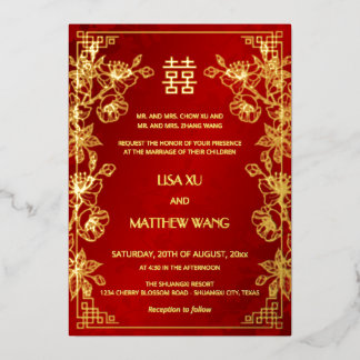  BILINGUAL Gold Frame Red Chinese Wedding Folie Uitnodiging
