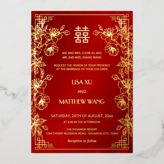 BILINGUAL Gold Frame Red Chinese Wedding Folie Uitnodiging (Voorkant)