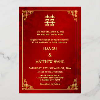  BILINGUAL Gold Frame Red Chinese Wedding Folie Uitnodiging