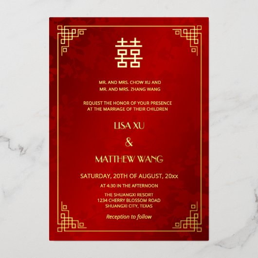  BILINGUAL Gold Frame Red Chinese Wedding Folie Uitnodiging (Voorkant)