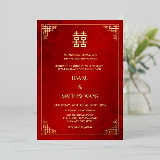  BILINGUAL Gold Frame Red Chinese Wedding Folie Uitnodiging (Staand Voorkant)