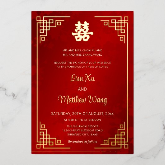 BILINGUAL Goud Lijst Rode Chinees Bruiloft Folie Uitnodiging (Voorkant)