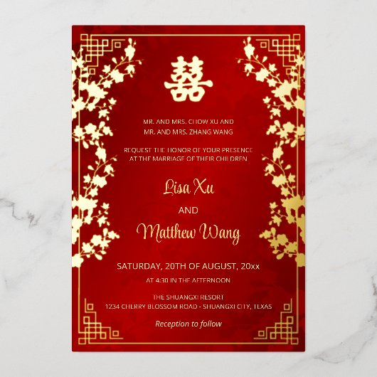 BILINGUAL Goud Lijst Rode Chinees Bruiloft Folie Uitnodiging (Voorkant)