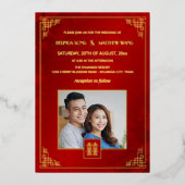 BILINGUAL Photo Red Gold Chinese Wedding Folie Uitnodiging (Voorkant)