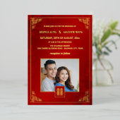 BILINGUAL Photo Red Gold Chinese Wedding Folie Uitnodiging (Staand Voorkant)