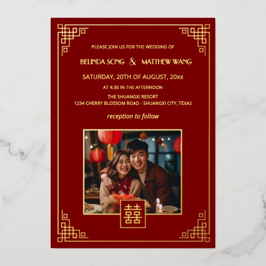 BILINGUAL Photo Red Gold Chinese Wedding Folie Uitnodiging (Voorkant)