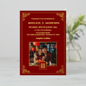 BILINGUAL Photo Red Gold Chinese Wedding Folie Uitnodiging (Staand Voorkant)