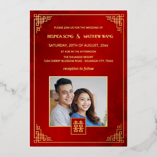 BILINGUAL Photo Red Gold Chinese Wedding Folie Uitnodiging (Voorkant)
