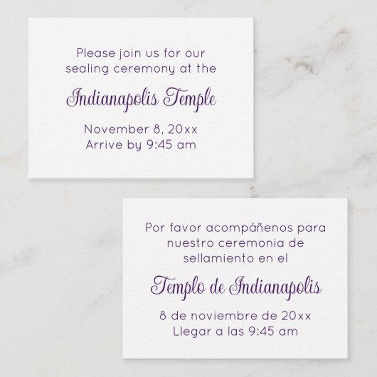 Bilingual Purple Script Temple Sealing Invitation Informatiekaartje (Voorkant / Achterkant)