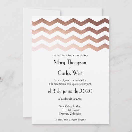Bilingual Roos Gold Chevron Weddenschap Kaart (Achterkant)