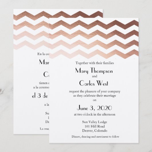 Bilingual Roos Gold Chevron Weddenschap Kaart (Voorkant / Achterkant)