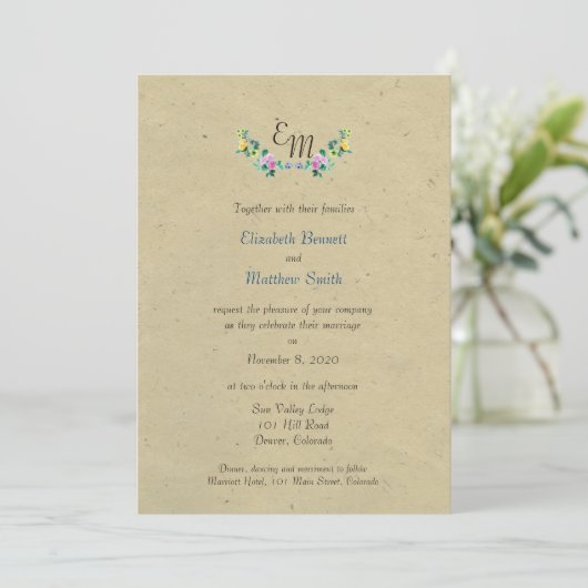 Bilingual Rustic Monogram Flower Wedding Invite Kaart (Staand voorkant)