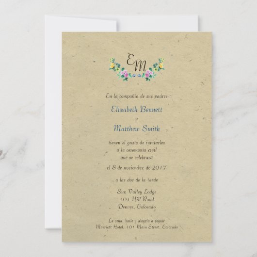 Bilingual Rustic Monogram Flower Wedding Invite Kaart (Achterkant)
