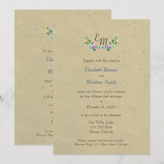 Bilingual Rustic Monogram Flower Wedding Invite Kaart (Voorkant / Achterkant)