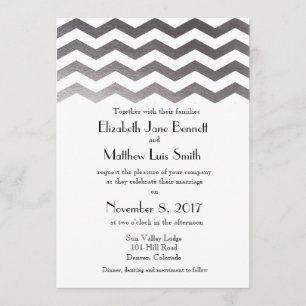 Bilingual Silver Chevron Wedding Invitation Kaart